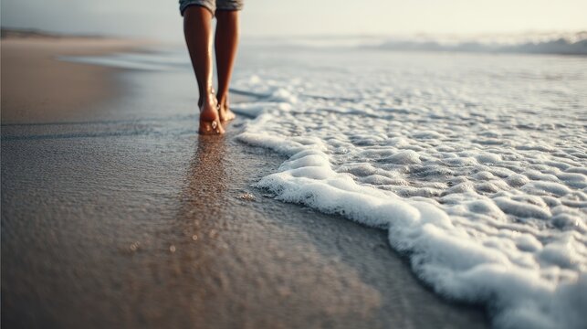 Bare feet on a sandy beach with gentle waves lapping at the shore embodying tranquility and a deep bond with nature