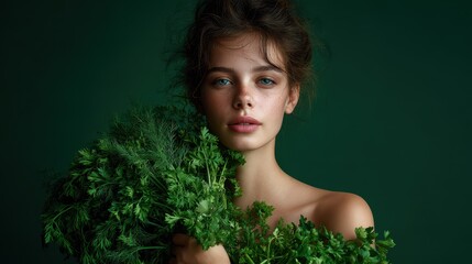 Fototapeta premium A young attractive woman with exposed shoulders poses with vegetables parsley pepper and eggplant against a green natural backdrop