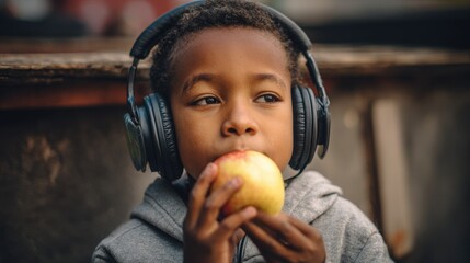 9 year old Latino boy with dark skin and autism wearing noise canceling headphones eating an apple