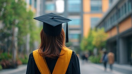 Rear view of a college graduate on graduation day symbolizing educational success joy in graduation women s equality in education international study advanced degree and schola