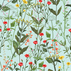 Colorful wildflower and green leaf on light blue background seamless pattern