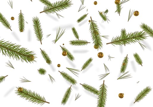Pine needle and pinecone scattered on white background