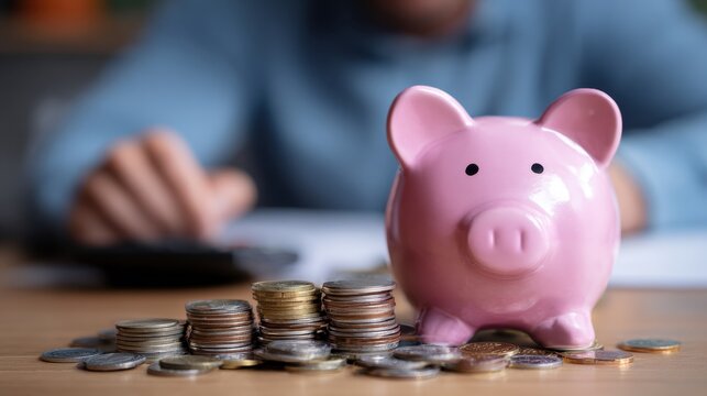 Close up of euro coins in a piggy bank on a table with a man in the background managing expenses and planning for the future emphasizing frugality
