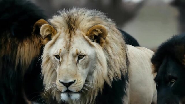 Majestic lions with striking black manes and a rare white lion stand together in a pride showcasing their strength and beauty in the african wilderness