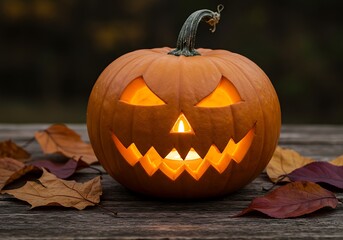 Obraz premium A carved pumpkin with a smiling face, lit from within, sitting on a wooden surface with autumn leaves.