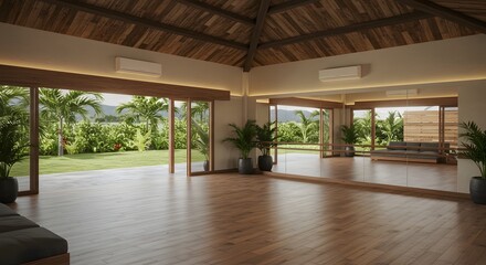 Fototapeta premium Tropical Yoga Studio Interior with Garden View