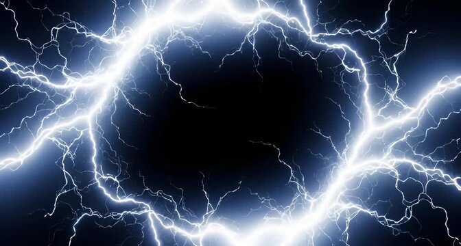 Abstract swirling blue and white lightning bolts forming a circular pattern against a black background, representing energy and power animated 4k video