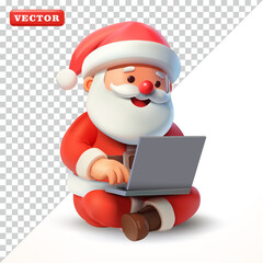 Santa Claus sitting cross-legged while using a laptop, 3D vector. Suitable for events, business and technology