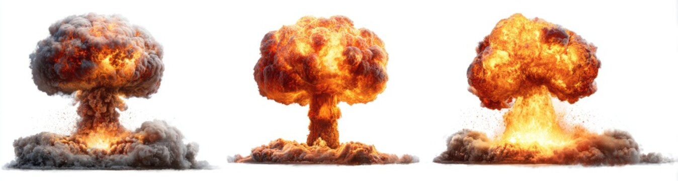 Three atomic bomb explosions against a white background