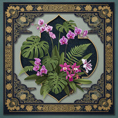 Orchids and tropical foliage arrangement with decorative frame