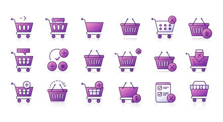 E-commerce Shopping Cart Icons Diverse Set Representing Purchases, Orders, and Transactions in Purple