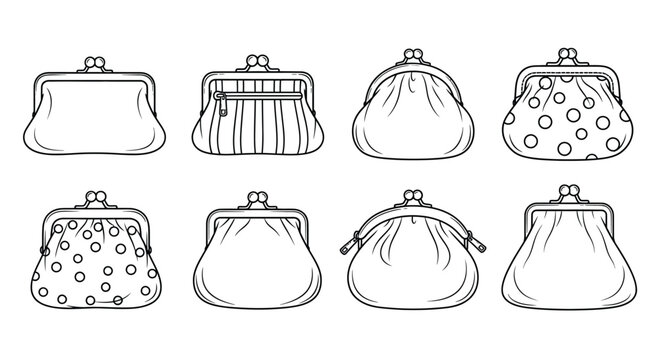 Collection of vintage coin purses and change purses in a hand drawn sketch style