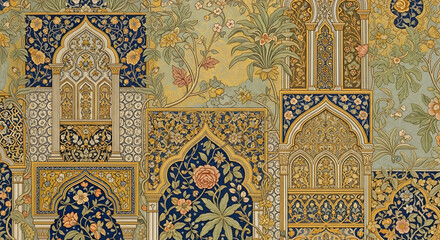 Ornamental pattern design with floral and architectural elements