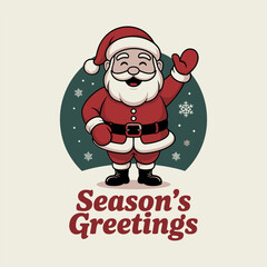 seasons greetings santa, smiling with mittens, winter moon background, classic holiday poster, cheerful christmas message, vintage styled vector
