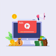 concept of Pay per click, PPC, paid advertising campaign displays ads on websites that generate revenue for publishers, Advertising or advertising, Promoting a brand to an audience, internet.