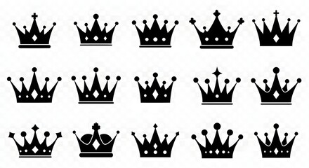 A diverse collection of royal crown silhouettes. This graphic element set features various king and queen icons for design projects