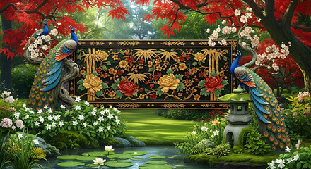 Ornamental peacock display in a garden setting