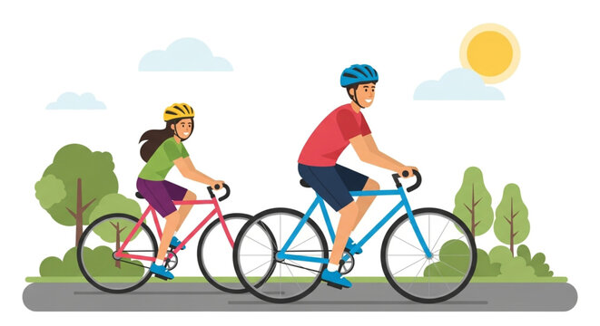 A cheerful illustration depicts a couple happily cycling on a sunny day, with vibrant trees and fluffy clouds enhancing the picturesque outdoor setting