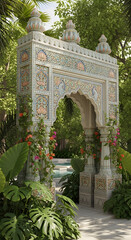 Ornate archway in lush garden