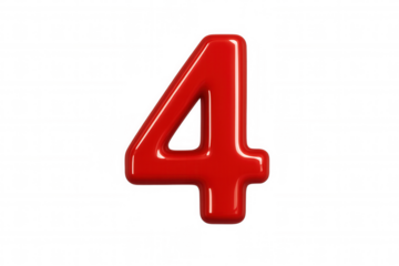 Red glossy 3d number 4 numeral symbol representing fourth position or countdown element with transparent background