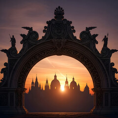 Ornate archway silhouette at sunset