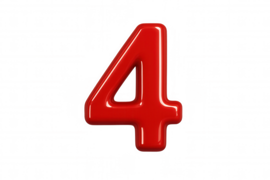Red glossy 3d number 4 numeral symbol representing fourth position or countdown element with transparent background