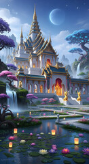 Ornate building by water at dusk