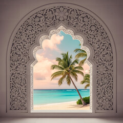 Ornate carved archway framing tropical beach scene