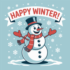 Happy winter snowman banner, playful scarf and hat, ice skates snowy ground, cute seasonal greeting card design