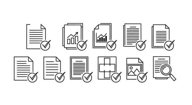 Collection of document icons with checkmarks and graphs representing approval and data analysis