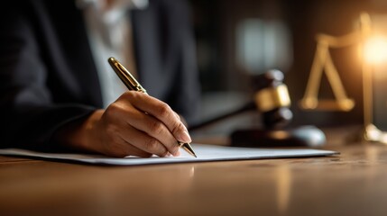 Court proceedings Female public defender documents defense strategy Attorney advocates for client s freedom using evidence Close up