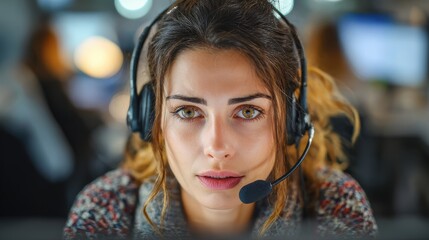 Female brunette customer service agent with headset assisting clients online Call center