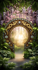 Ornate gateway surrounded by lush foliage