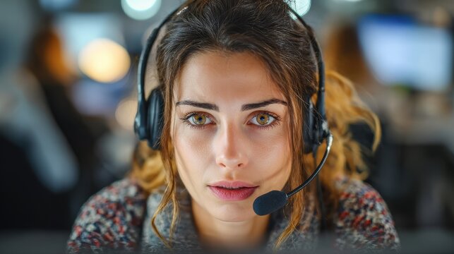 Female brunette customer service agent with headset assisting clients online Call center