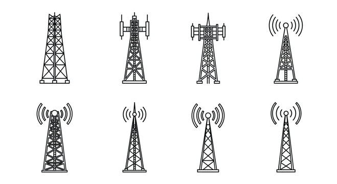 Collection of eight different cell tower and communication antenna illustrations