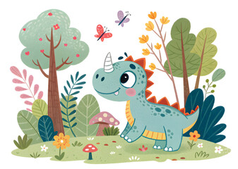 Fototapeta premium Cute cartoon dinosaur in the forest with butterflies and trees on white background