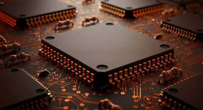 Vibrant close-up of computer chips and circuit board, showcasing modern technology and innovation for a dynamic digital future