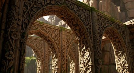 Ornate stone arches of an ancient structure