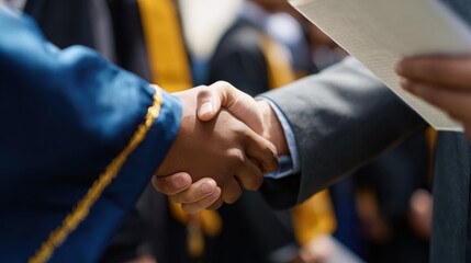 Celebrating graduation with handshakes and diplomas among students at an award ceremony