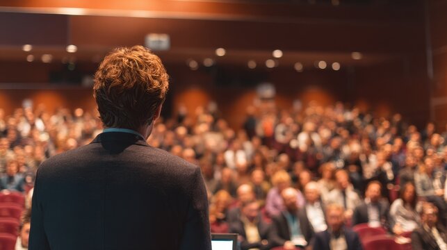 Business and entrepreneurship conference Presenter speaking at a meeting Attendees in a conference room Back view of an unidentified audience member