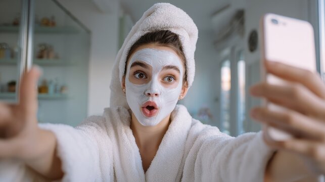 Young woman with brown hair taking a selfie while singing and wearing a spa mask in a bright room embodying a morning self care theme