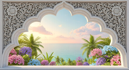 Ornate window framing tropical view