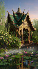 Ornate wooden pavilion lakeside scene