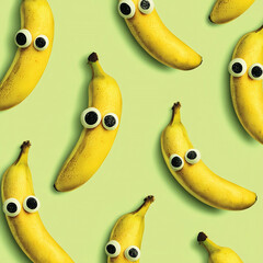 Funny Bananas with Eyes on Light Green Background