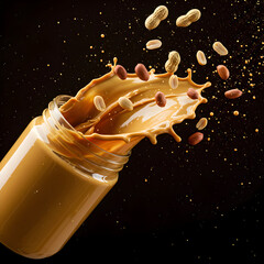 Peanut butter splash with falling nuts on black background