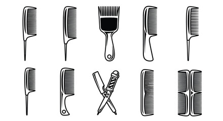Collection of vintage and modern hair combs and barber tools