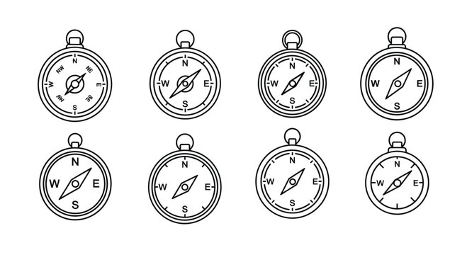 Collection of eight hand drawn compasses in a grid pattern