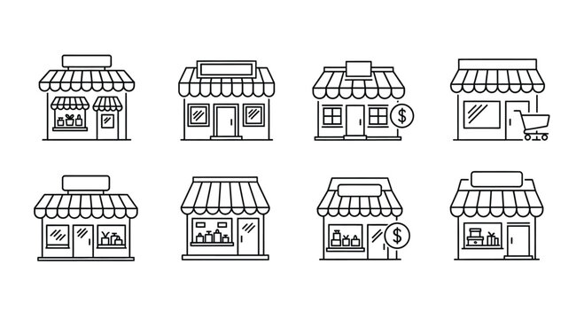 Collection of hand drawn sketch style storefront icons for small businesses