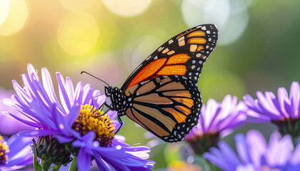 Obraz premium Monarch butterfly resting on violet aster flower petals in soft morning light with blurred green background and delicate natural beauty captured in close up side profile