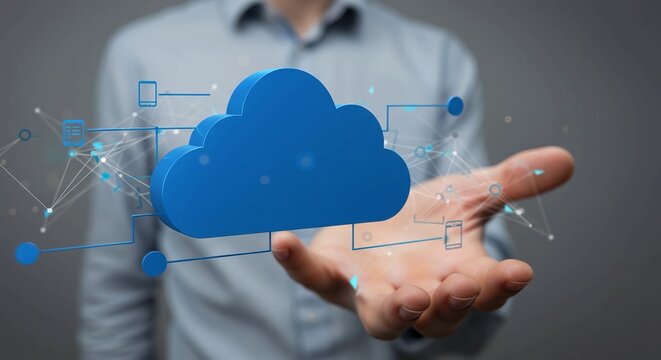 Person holding a 3D cloud computing concept, connecting devices, symbolizing secure data storage and global accessibility